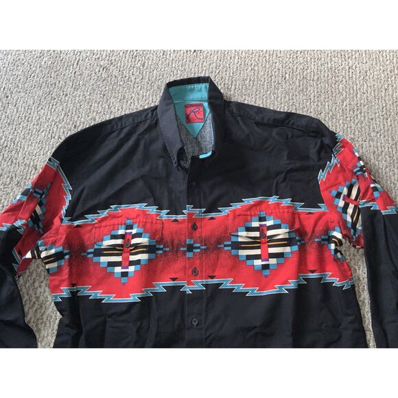 Roper Shirt Men XL Black Button Down Aztec Southwest Western Cowboy Long Sleeve - Picture 4 of 6